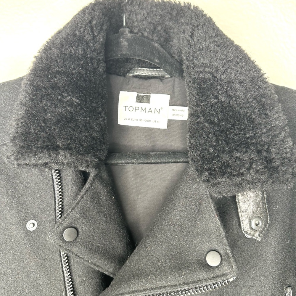 Topman Men’s Wool Leather blend Black Jacket, size Medium, NWOT biker style
